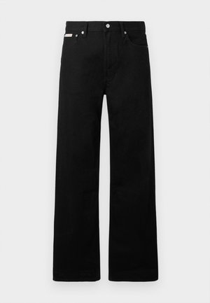 Pantaloni din denim negri cu un design cu picioare largi, având cinci buzunare și accesorii metalice pentru butoane. Textură netedă, fără modele vizibile.