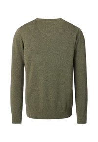 Groene gebreide trui met een ronde hals, lange mouwen en een gestructureerde stof. Het ontwerp is eenvoudig zonder patronen of accenten.