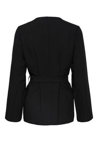 Veste noire à manches longues, taille ceinturée, design structuré, avec un léger plissage à l'arrière, fabriquée dans un tissu lisse.