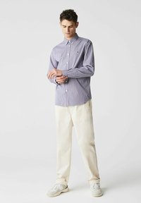 Camicia a maniche lunghe a quadri blu e bianchi, realizzata in tessuto leggero, con colletto a punta e taschino sul petto, abbinata a pantaloni crema.