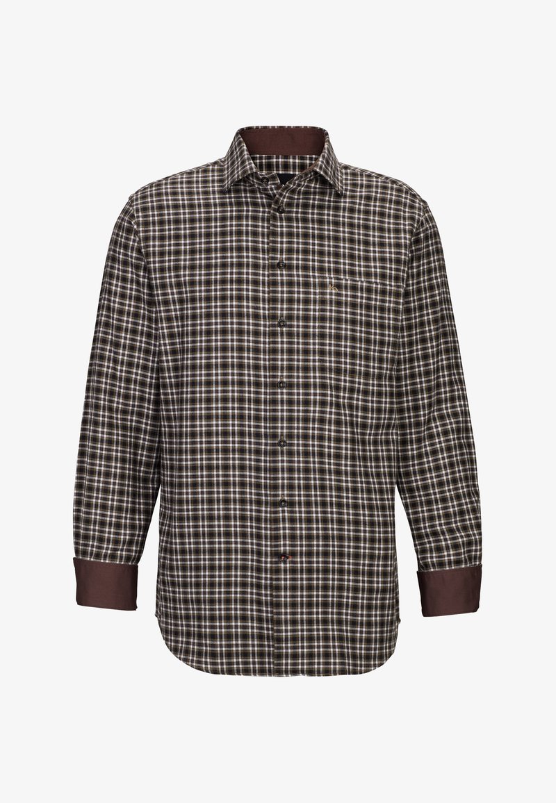 Camicia a quadri marrone e crema, con maniche lunghe, polsini a contrasto marrone scuro e taschino sul petto. Tessuto morbido e texturizzato.