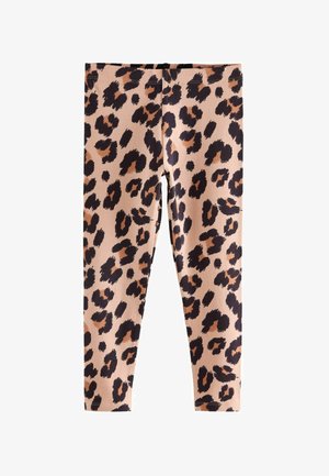 Leggings aus einem weichen Material mit einem beigen Grundton und einem schwarzen und braunen Leopardenmuster, figurbetonter Schnitt und elastischem Bund.