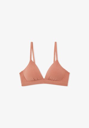 Bralette triangle rose clair avec fines bretelles, en tissu doux, sans armature et avec un détail froncé à la base pour un confort accru.