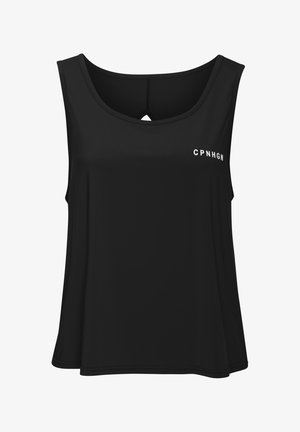 Mustamata varrukateta särk, mis on valmistatud siledast kangast, ümmarguse kaelusega ja seljaosas võtmeaugu detailiga. Kaunistatud valgete tähtedega: "CPNHGN."