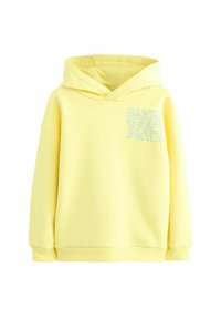 Žlutá mikina s kapucí vyrobená z měkké tkaniny, s boxovitým střihem, žebrovanými manžetami a světle modrou grafickou potiskem s textem "BAKER BY TED BAKER."