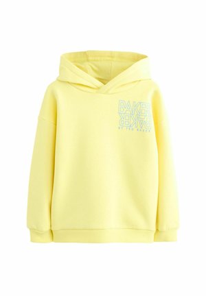 Felpa gialla con cappuccio realizzata in morbido tessuto, caratterizzata da una forma ampia, polsini a costine e una stampa grafica blu chiaro con il testo "BAKER BY TED BAKER."