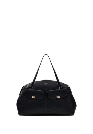 Sac à main en cuir noir avec double poignée, deux poches avant à rabat avec fermoirs dorés et motif logo embossé, sur fond blanc.