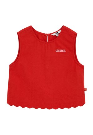 Červený bezrukávový krátky top s vlnitým lemom, okrúhlym výstrihom, zapínaním na gombík na zadnej strane a bielym nápisom "LE SOLEIL" na prednej časti hrude.