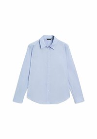 Light blue long-sleeve shirt with a button-down front, classic collar, and curved hem. Made from lightweight fabric with subtle stripes.