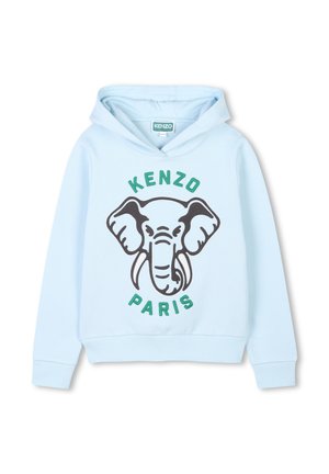 Hoodie bleu clair en tissu doux, orné d'un graphique d'éléphant et du texte "KENZO PARIS" en vert et noir. Comprend une capuche avec cordon de serrage.