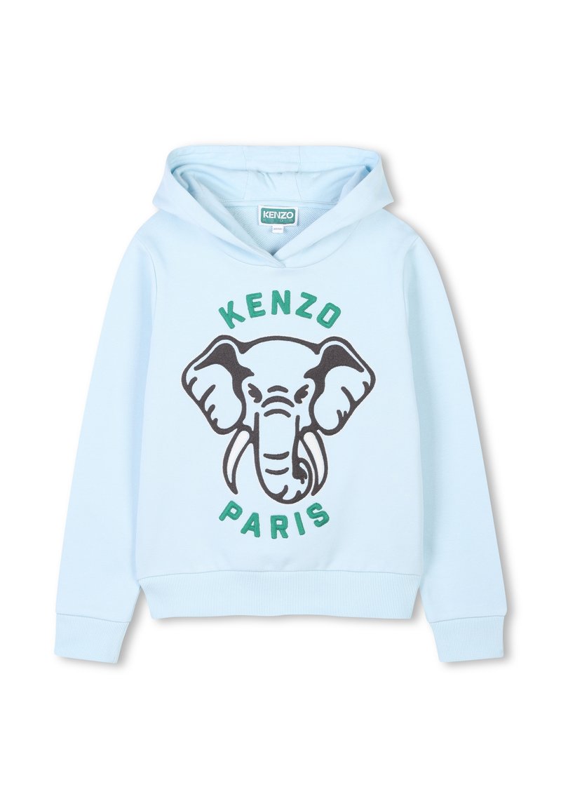 Hoodie bleu clair en tissu doux, orné d'un graphique d'éléphant et du texte "KENZO PARIS" en vert et noir. Comprend une capuche avec cordon de serrage.