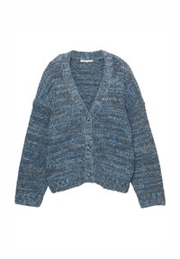 Blauer gestrickter Cardigan mit V-Ausschnitt, langen Ärmeln und Knopfleiste. Verfügt über ein strukturiertes Muster und einen gerippten Saum.