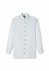 Weißes Langarm-Hemd mit Knopfleiste, kleinem blauen geometrischen Muster, schwarzen Knöpfen und einem Kentkragen, flach auf weißem Hintergrund ausgelegt.