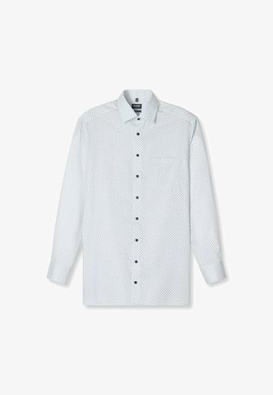 Weißes Langarm-Hemd mit Knopfleiste, kleinem blauen geometrischen Muster, schwarzen Knöpfen und einem Kentkragen, flach auf weißem Hintergrund ausgelegt.