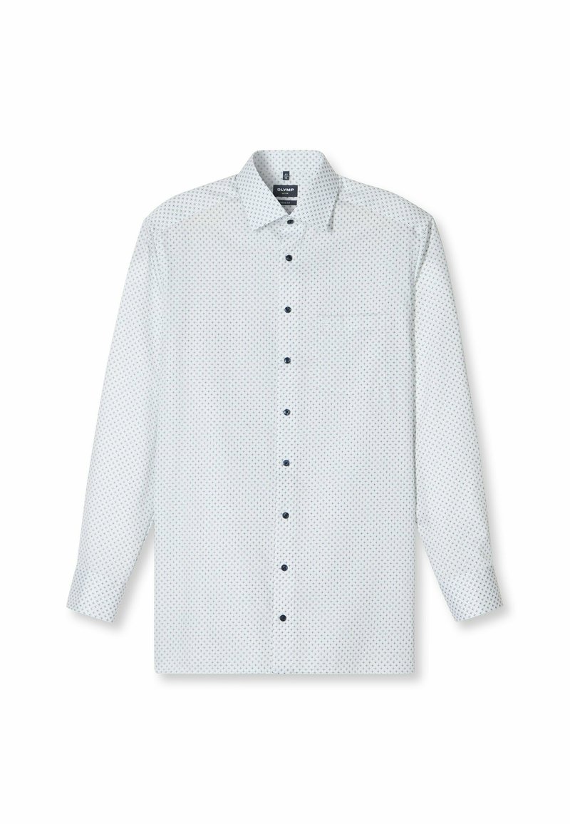 Weißes Langarm-Hemd mit Knopfleiste, kleinem blauen geometrischen Muster, schwarzen Knöpfen und einem Kentkragen, flach auf weißem Hintergrund ausgelegt.