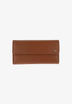 Brown leather wallet with a flap closure and small silver logo on the lower right corner on a white background.