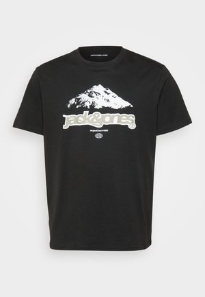 Schwarzes Baumwoll-T-Shirt mit einem weißen Bergmotiv und dem "jack&jones" Logo in hellgrau darunter. Kurzärmlig und mit Rundhalsausschnitt.