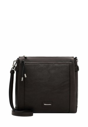 Sac bandoulière en cuir noir avec poche avant zippée, détails métalliques argentés et bandoulière réglable.