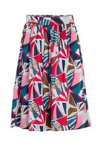 Jupe multicolore avec un motif géométrique en rouge, turquoise, bleu marine, marron et blanc. Taille élastique pour le confort, tissu léger.