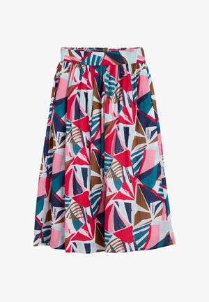 Multicolore rok met een geometrisch patroon in rood, teal, marineblauw, bruin en wit. Elastische tailleband voor comfort, lichtgewicht stof.