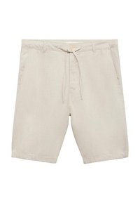 Bermudas de algodón beige con cintura ajustable, dos bolsillos laterales y corte relajado. Textura suave sin patrones o acentos visibles.