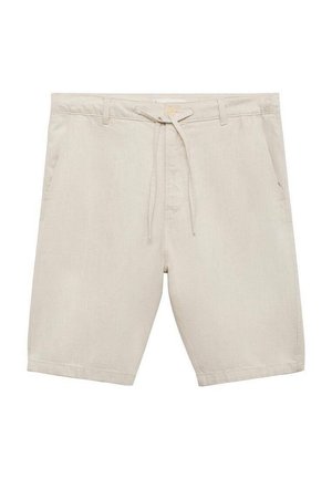 Bermudas de algodón beige con cintura ajustable, dos bolsillos laterales y corte relajado. Textura suave sin patrones o acentos visibles.