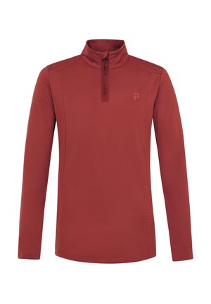 Rode langemouwpullover met een halve ritssluiting kraag, een gladde textuur, minimale branding op de borst en contrasterende stiksels.