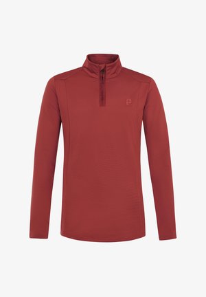 Rode langemouwpullover met een halve ritssluiting kraag, een gladde textuur, minimale branding op de borst en contrasterende stiksels.