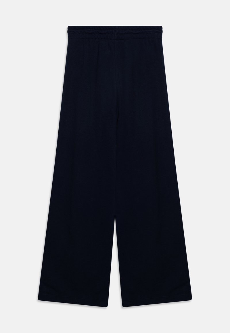 Marineblaue weit geschnittene Hose aus weichem Stoff, mit einem elastischen Bund und einer glatten Textur ohne sichtbare Muster oder Akzente.