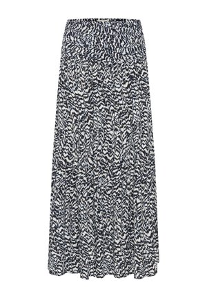 Jupe maxi à motif marine et blanche avec une ceinture smockée, un design à étages et une texture de tissu fluide.