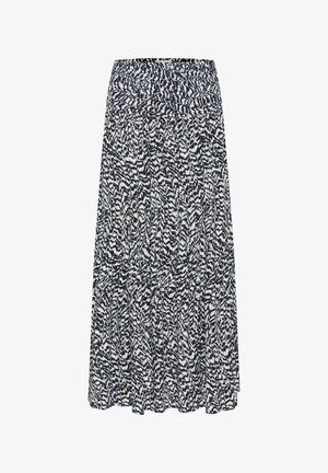 Granatowa i biała maxi spódnica w wzory z marszczonym paskiem w talii, warstwowym krojem i zwiewnym materiałem.