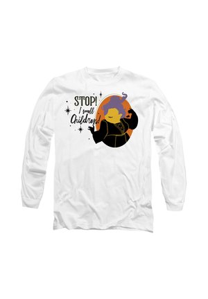 White long-sleeve T-shirt featuring a colorful print of a silhouette, surrounded by text and stars, with a purple and orange graphic design.