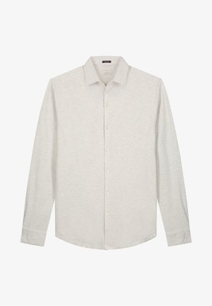 Chemise à boutons à manches longues gris clair en tissu doux. Dotée d'un col standard, d'un ourlet droit et d'une broderie de logo subtile sur la poitrine.