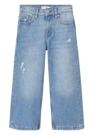 Vaqueros de pierna ancha de mezclilla azul claro con cintura alta, detalles desgastados, diseño de cinco bolsillos y cierre con botón metálico.