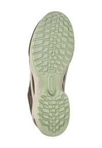 Suola di scarpa con motivo a rilievo geometrico, gomma verde chiaro, logo del marchio "ECCO" e marcatura della misura 37.