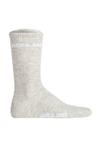 Graue Baumwollsocke mit geripptem Muster und einfarbigem Design. Enthält das "JACK & JONES"-Logo in Weiß im Bereich der Zehen.
