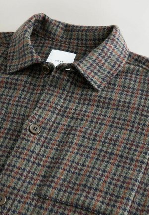 Koszula z mieszanki wełny z wzorem w kratę w odcieniach zieleni, brązu i niebieskiego, z zapięciem na guziki i kołnierzykiem; fakturowany materiał.