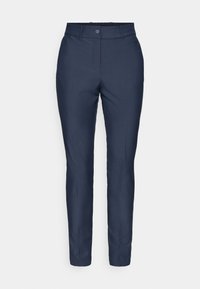 Tamsiai mėlynos kelnės su prigludusia forma, plokščiu priekiu ir elastinga juosta. Pagamintos iš lygios medžiagos be matomų raštų ar puošmenų.