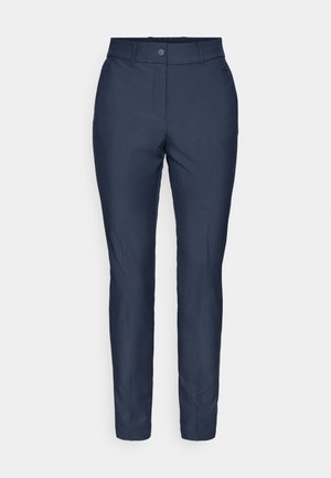 Mornarsko modri hlače s prilegajočo zasnovo, ravnim sprednjim delom in elastičnim pasom. Izdelane so iz gladkega blaga brez vidnih vzorcev ali okrasnih elementov.