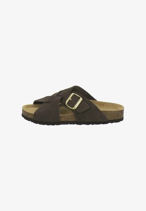 Brown suede slide sandal with crossover straps, a gold buckle, cork footbed, and black rubber sole.