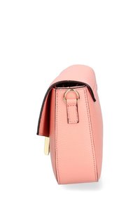 Piccola borsa a tracolla in pelle rosa vista di lato, con attacco ad anello in tonalità oro e bordino nero sul flap.