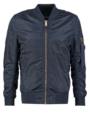 Námořnická modrá bomber bunda vyrobená z hladkého syntetického materiálu, s předním zipem, ribovanými manžetami a kapsou na rukávu se zipem.