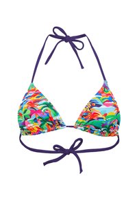 Haut de bikini triangulaire avec un imprimé floral éclatant dans diverses couleurs ; comporte des nœuds violets au cou et à la bande pour un ajustement.
