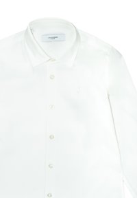 White button-up shirt with a standard collar, long sleeves, and a subtle embroidered logo. Features pearlescent buttons and a smooth texture.