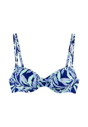 Blauer Bikini-Oberteil mit grünen und weißen Blattmustern, mit Bügel-Cups und verstellbaren doppelten Schulterträgern.