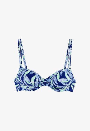 Blauer Bikini-Oberteil mit grünen und weißen Blattmustern, mit Bügel-Cups und verstellbaren doppelten Schulterträgern.