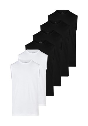 Zwei weiße und vier schwarze ärmellose Shirts mit Rundhalsausschnitt, auf weißem Hintergrund gestaffelt übereinander angeordnet.