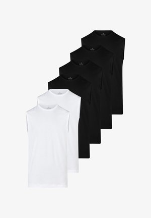 Dwie białe i cztery czarne bezrękawniki z okrągłym dekoltem ułożone w przesunięty pionowy stos na białym tle.