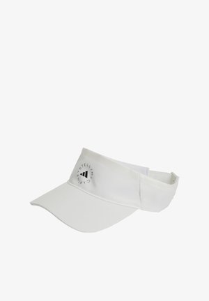 White sports visor made of smooth fabric, featuring a curved brim and an adjustable strap. Notable logo on the side.