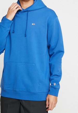 Hoodie bleu en matière douce, avec une poche kangourou, un capuchon à cordon et un petit logo sur la poitrine et la manche.